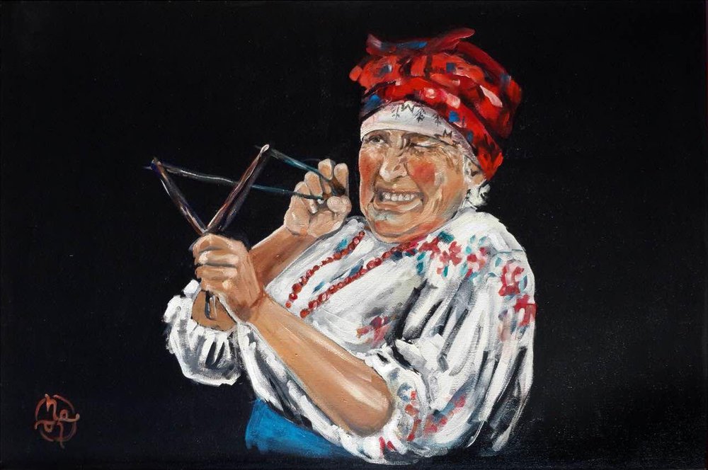 Grandmother with a slingshot